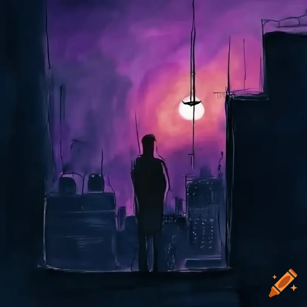 Man on rooftop overlooking night city with moonlight on streets