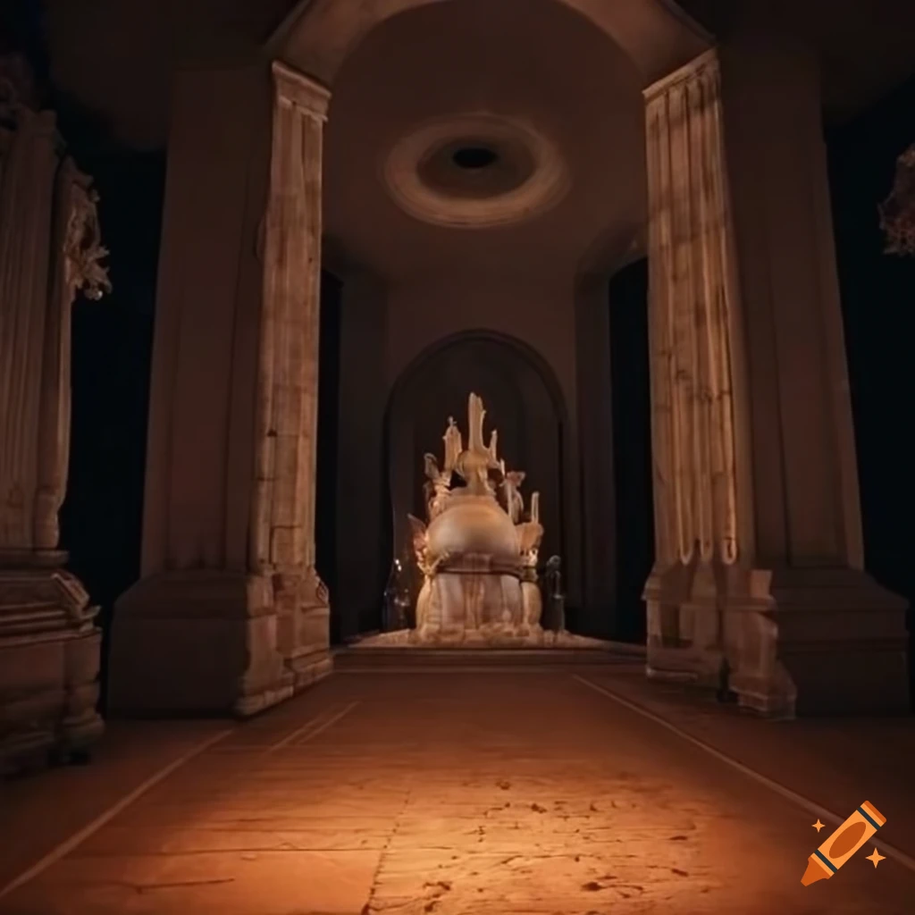 Tall dark temple with clam and lobster sculptures on coral doors in a brightly lit clearing