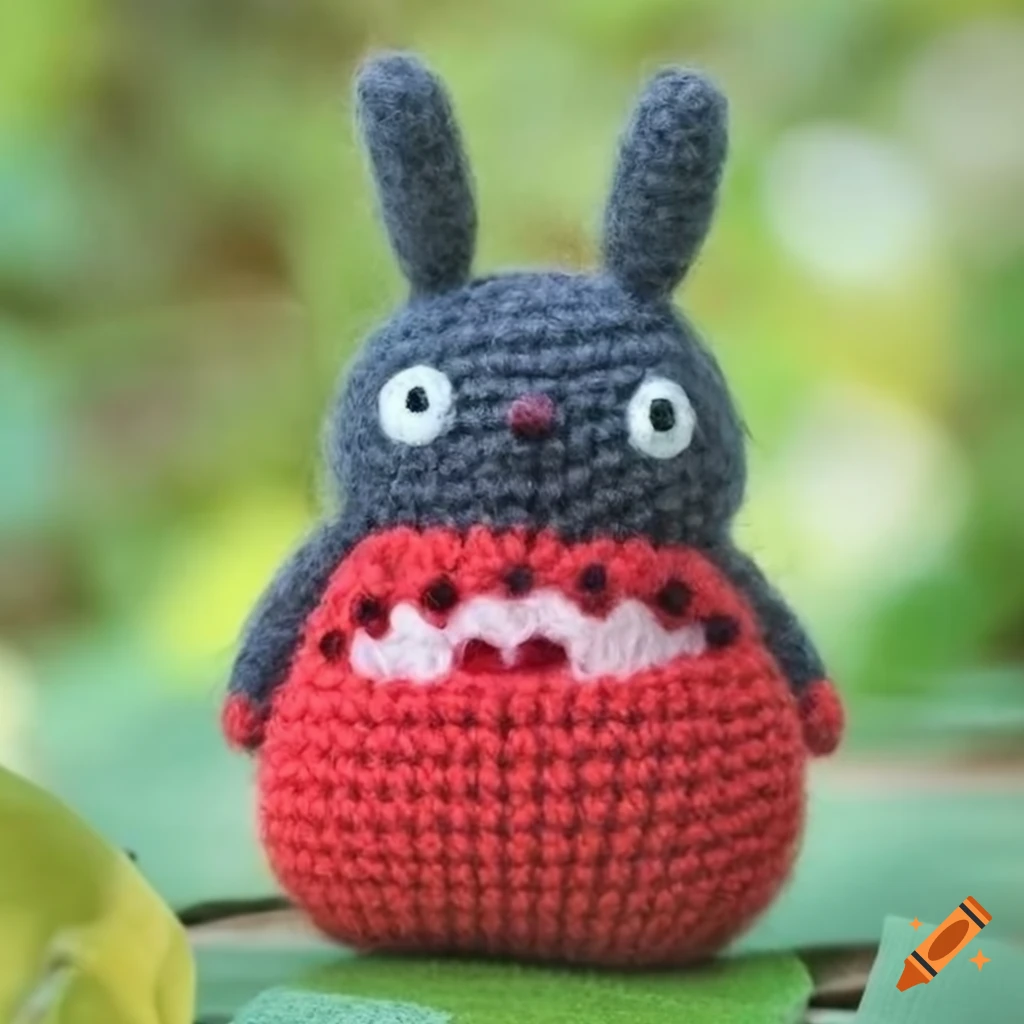 Cute red Totoro amigurumi on a garden landscape