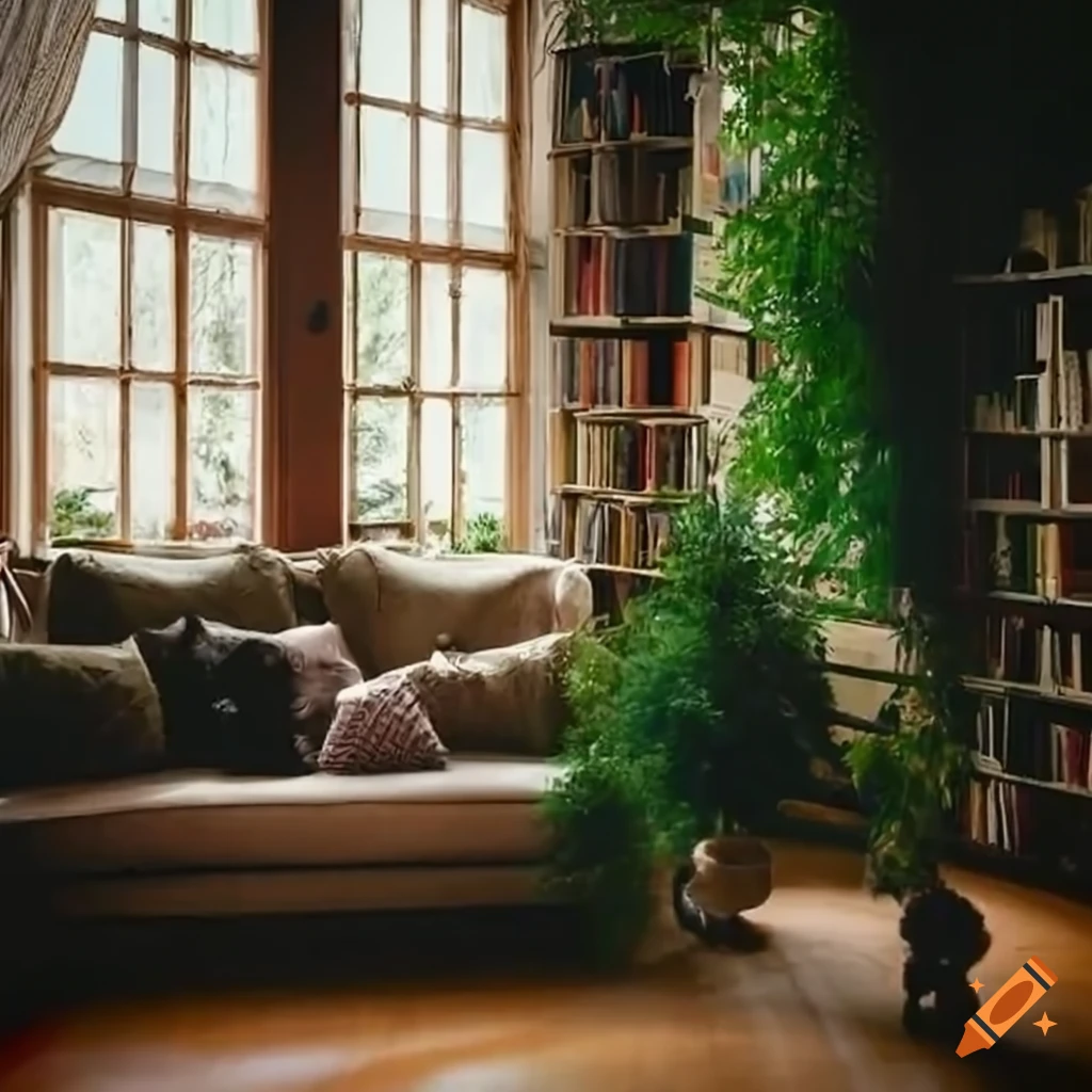 Cozy living room with fireplace, greenery, books, and stormy day view