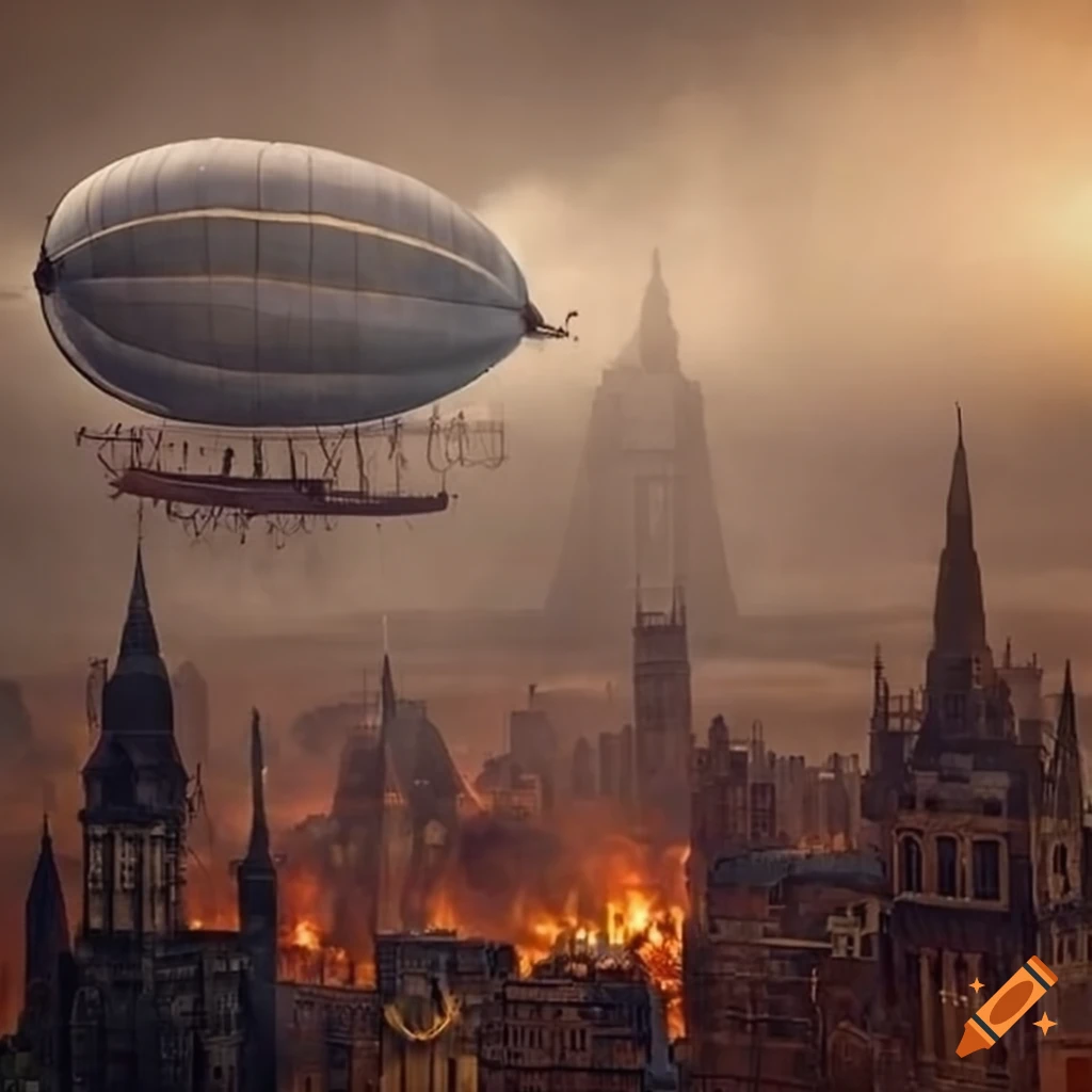 Steampunk victorian cityscape with airship amid fires and smoky skies