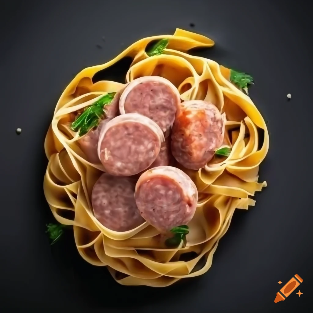Nest of tagliatelle pasta with cooked raw sausage on a black background