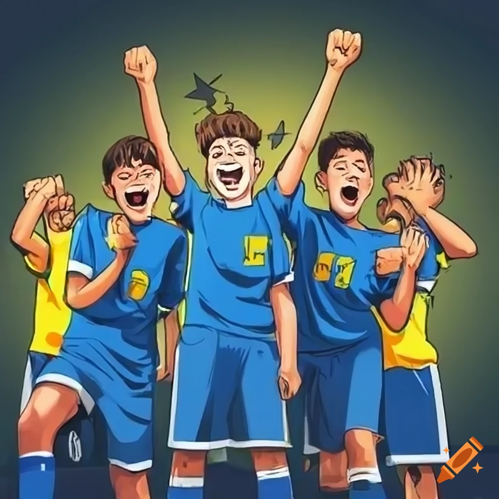 Boy soccer team celebrating trophy in yellow and blue jerseys in comic style
