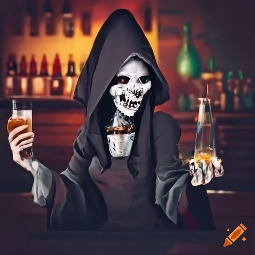 Smiling female Reaper bartender serving drinks at a bar