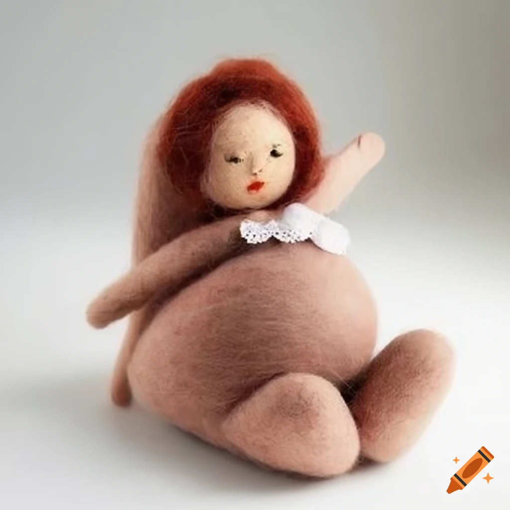 Felted wool pregnant woman doll with 5 offsprings