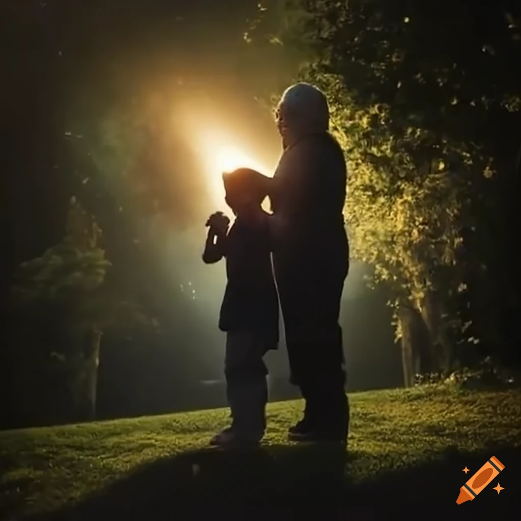 Grandfather teaching astronomy to curious grandson in backyard