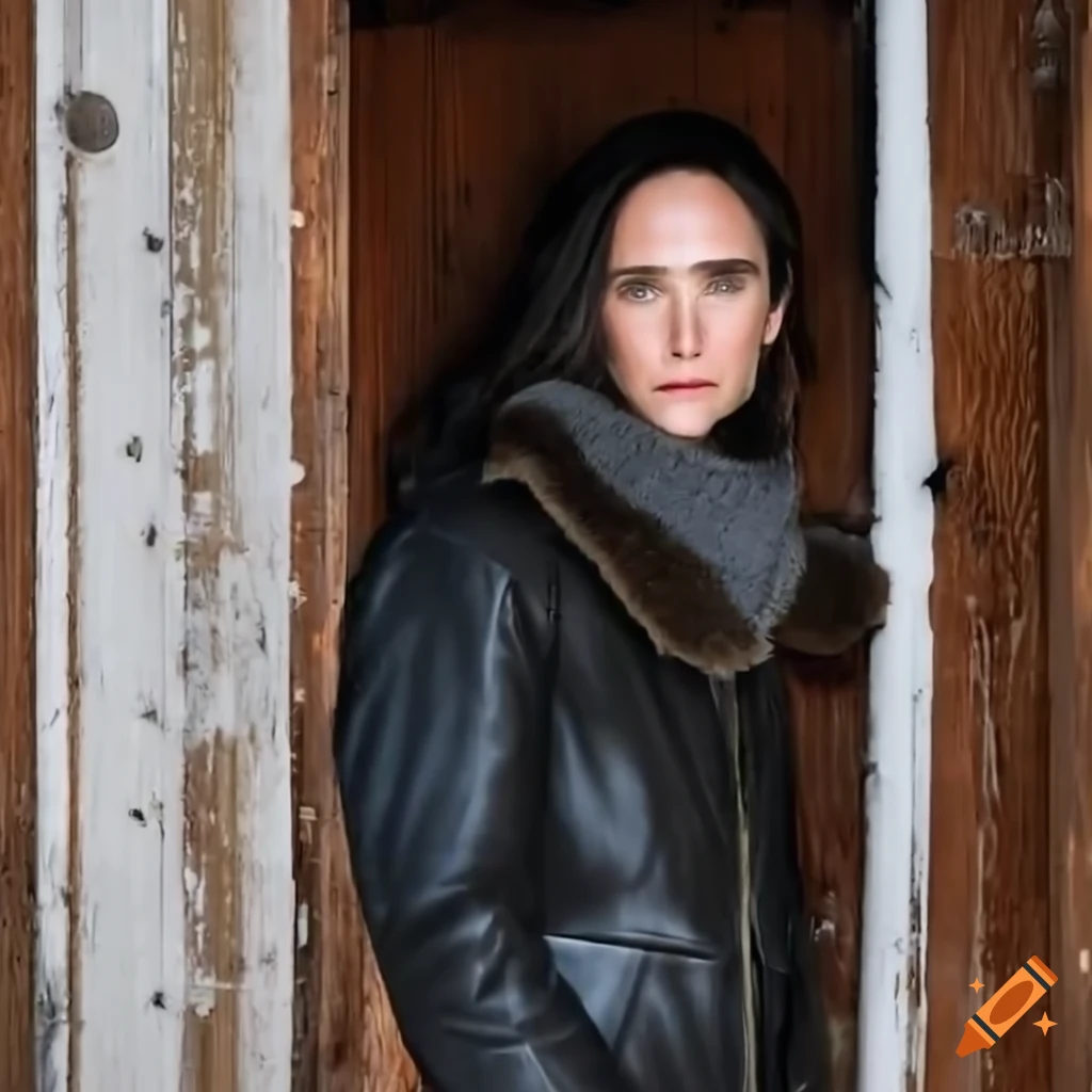Young woman in sheepskin bomber jacket and black leather trousers standing in barn doorway