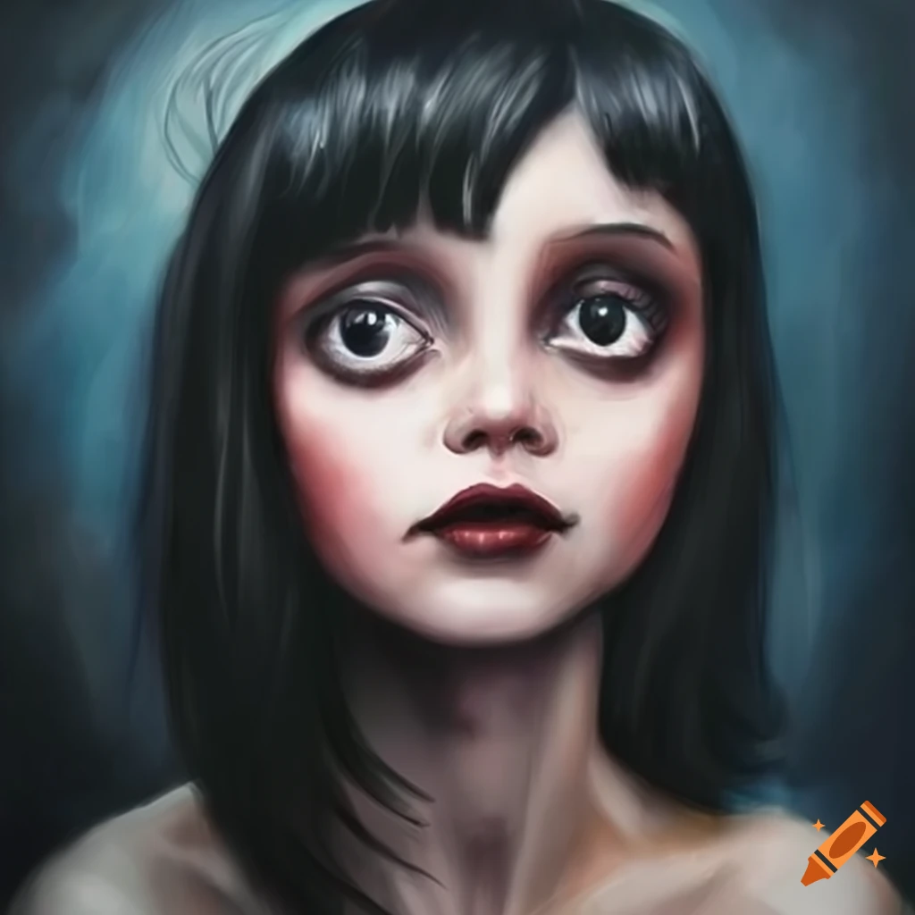 Girl with black hair and bangs in Tim Burton style