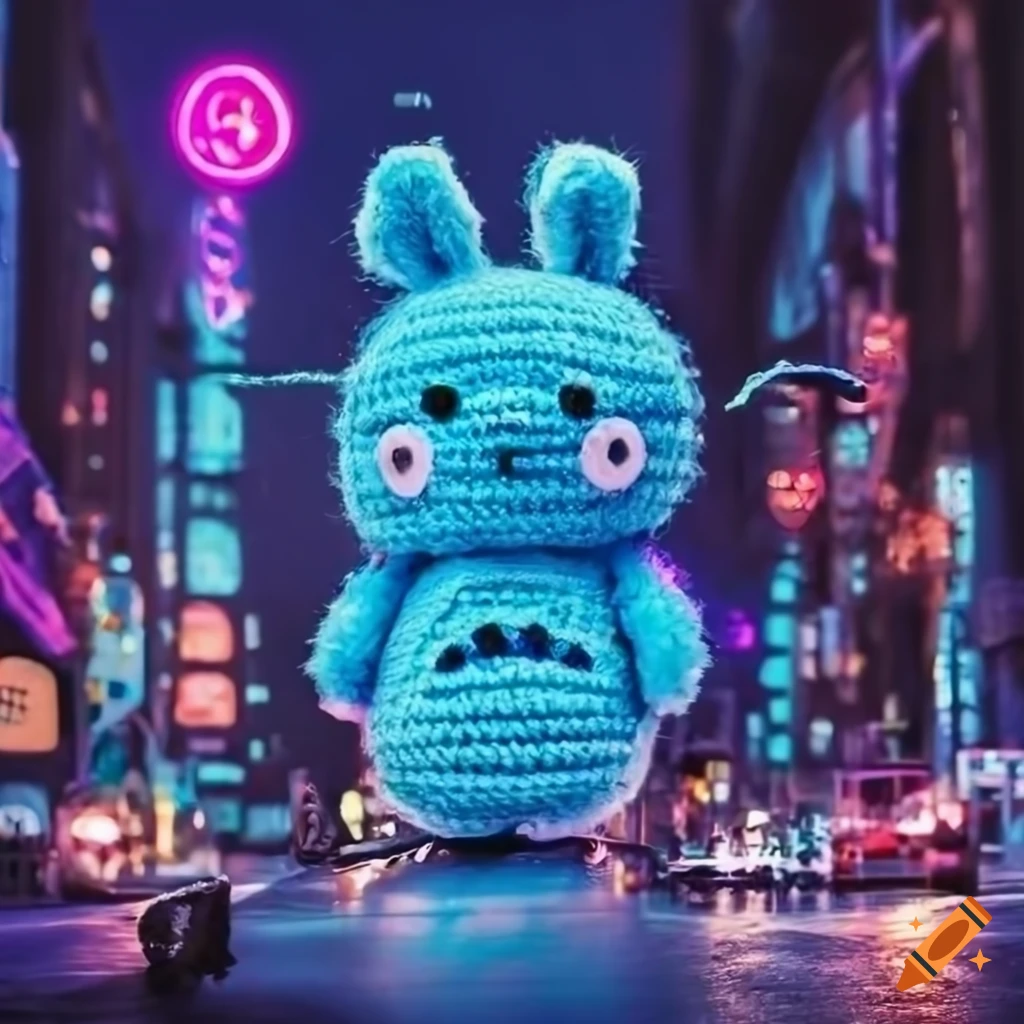Amigurumi blue Totoro lost in cyberpunk city streets with neon lights
