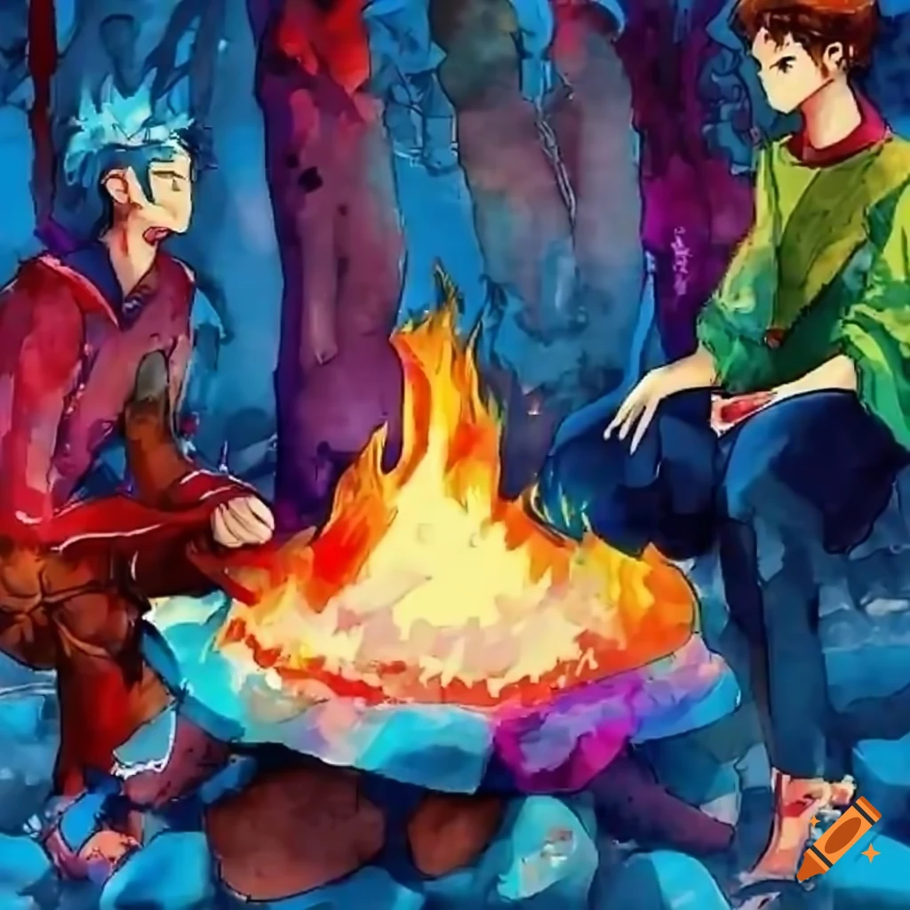 Two guys conversing across a campfire in an anime style