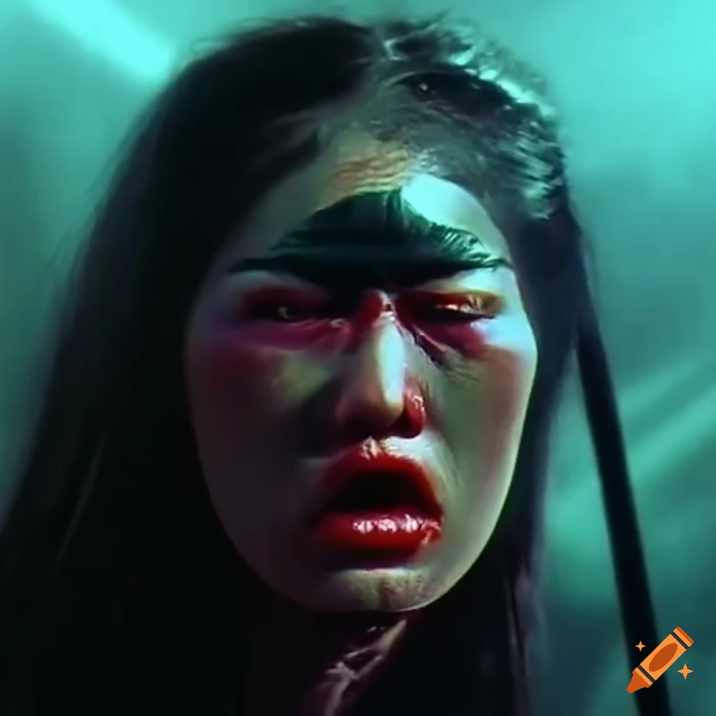 Asian female kung fu fighter in a dramatic 70's movie closeup
