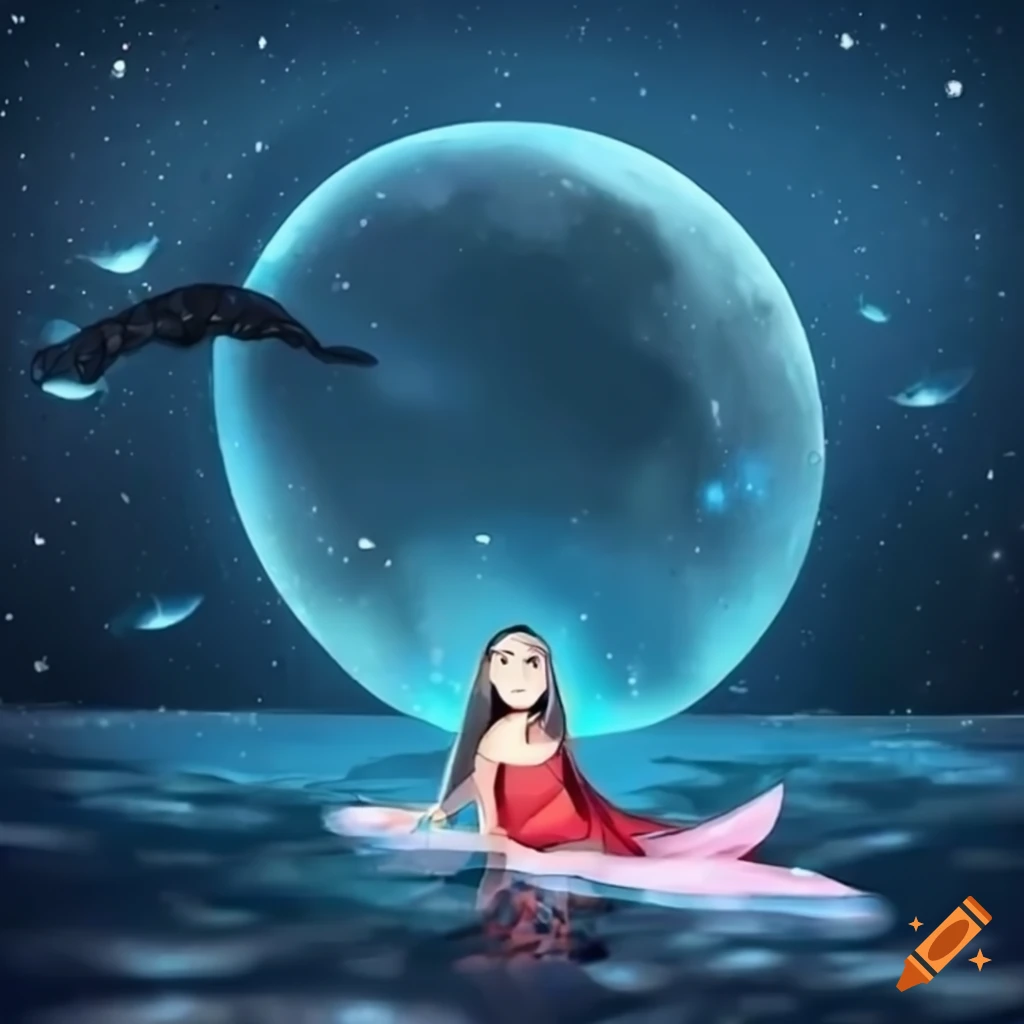 Girl in red dress lying on whale under moon and stars reflection in water
