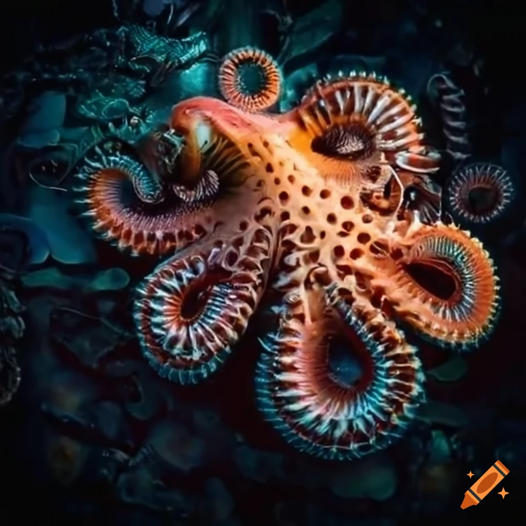 Industrial city made of flowers and octopods in biomechanical style
