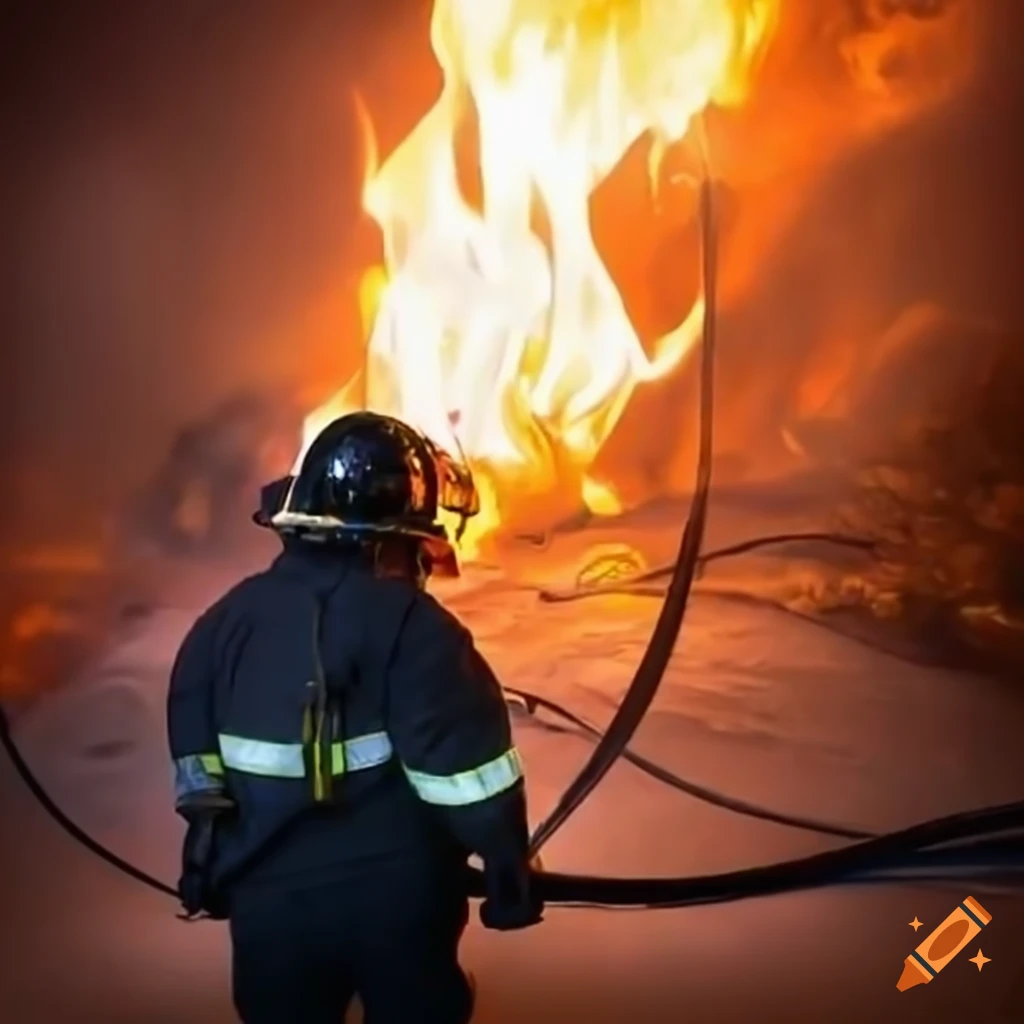 A firefighter in action extinguishing a fire