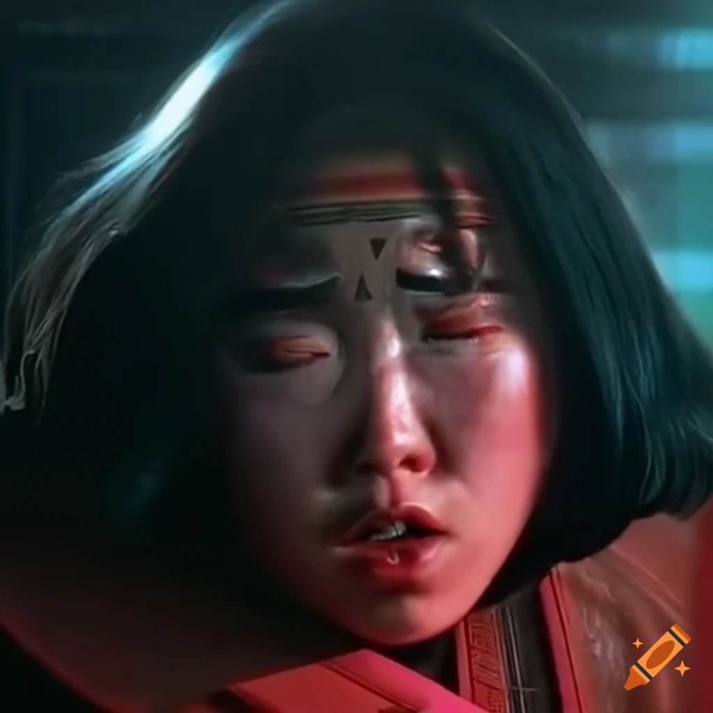 Expressive closeup of a dizzied, sweat-drenched, and bruised female kung fu fighter from an 80's movie