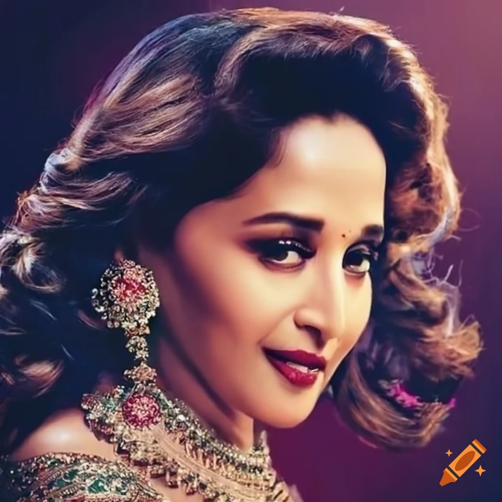 Madhuri Dixit playing piano elegantly in a beautiful attire