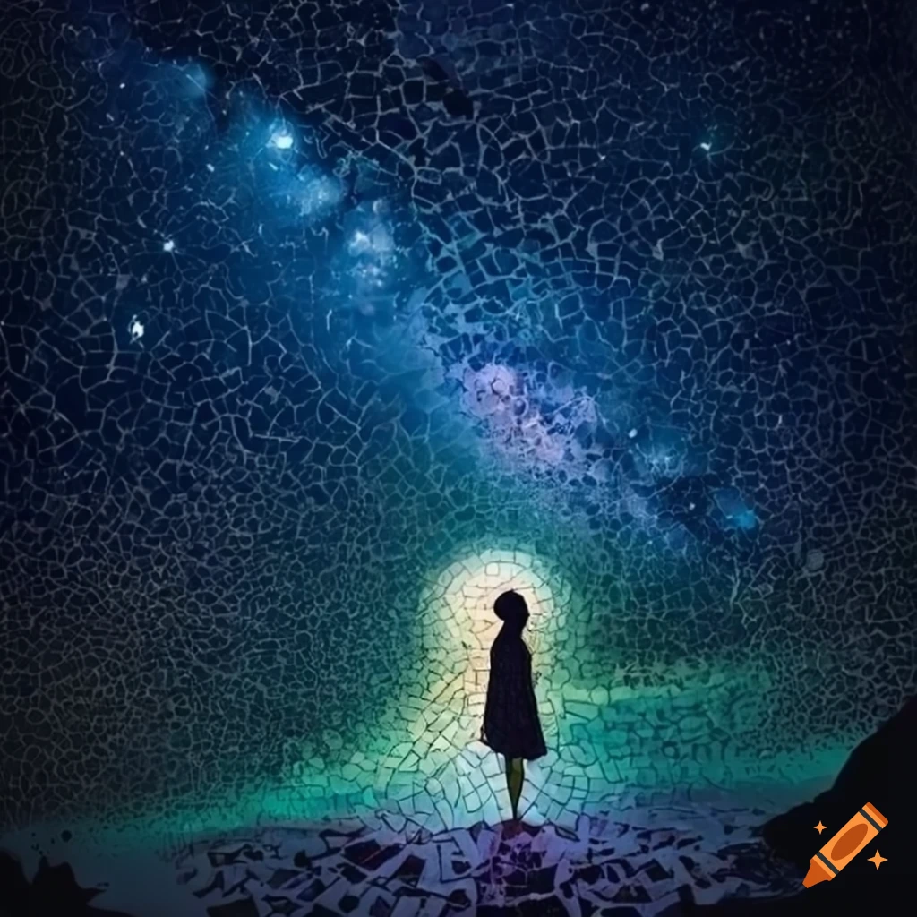 Stylistic mosaic of a woman under a starry night sky