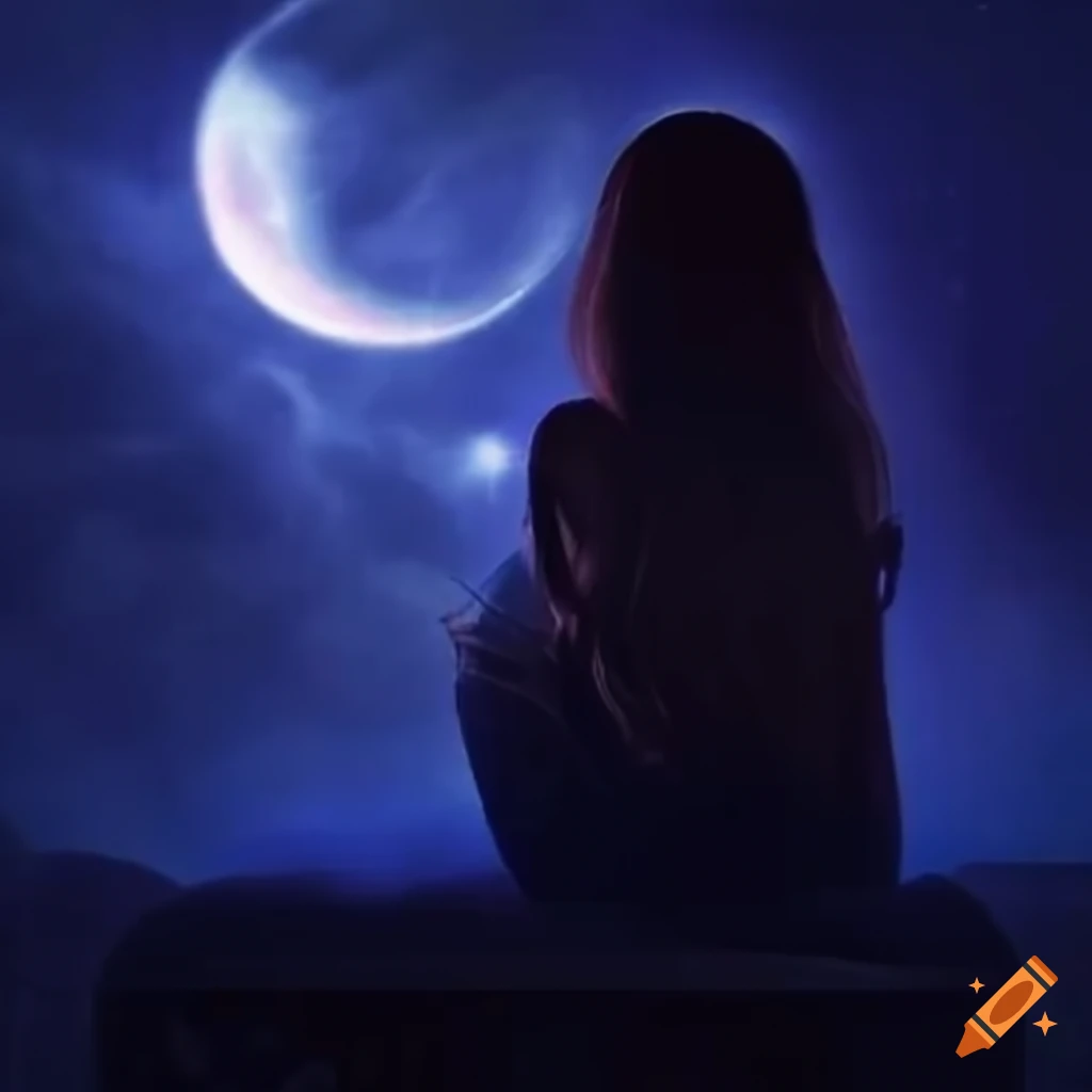 Girl sleeping with a guitar under the moonlight
