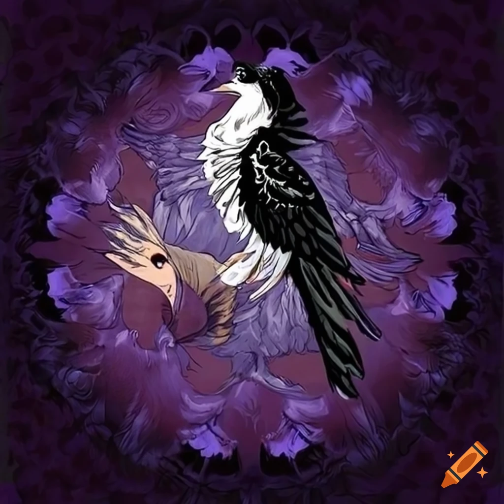 Hybrid raven-dove with striking synthetic feathers and otherworldly appearance