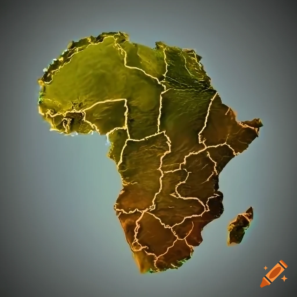 3D rendering of Africa with country outlines in yellow and black, drones on the horizon