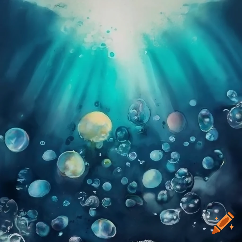 Diver underwater with bubbles and sunlight above