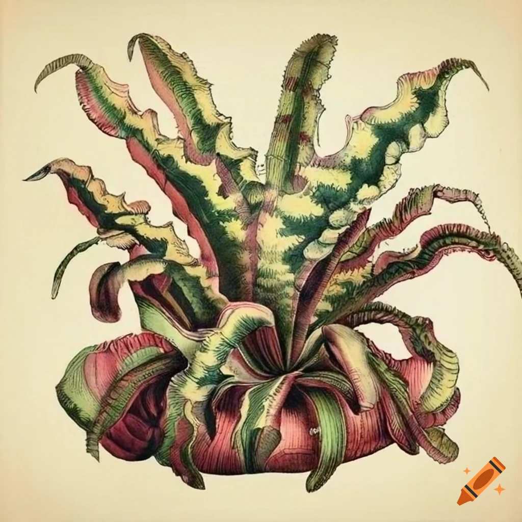 Intricate vintage botanical illustration of a Cryptanthus plant