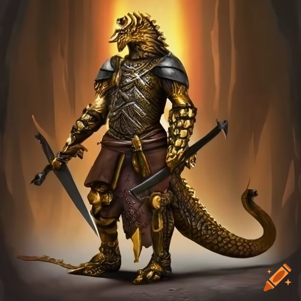 Brass dragonborn warrior with a sword