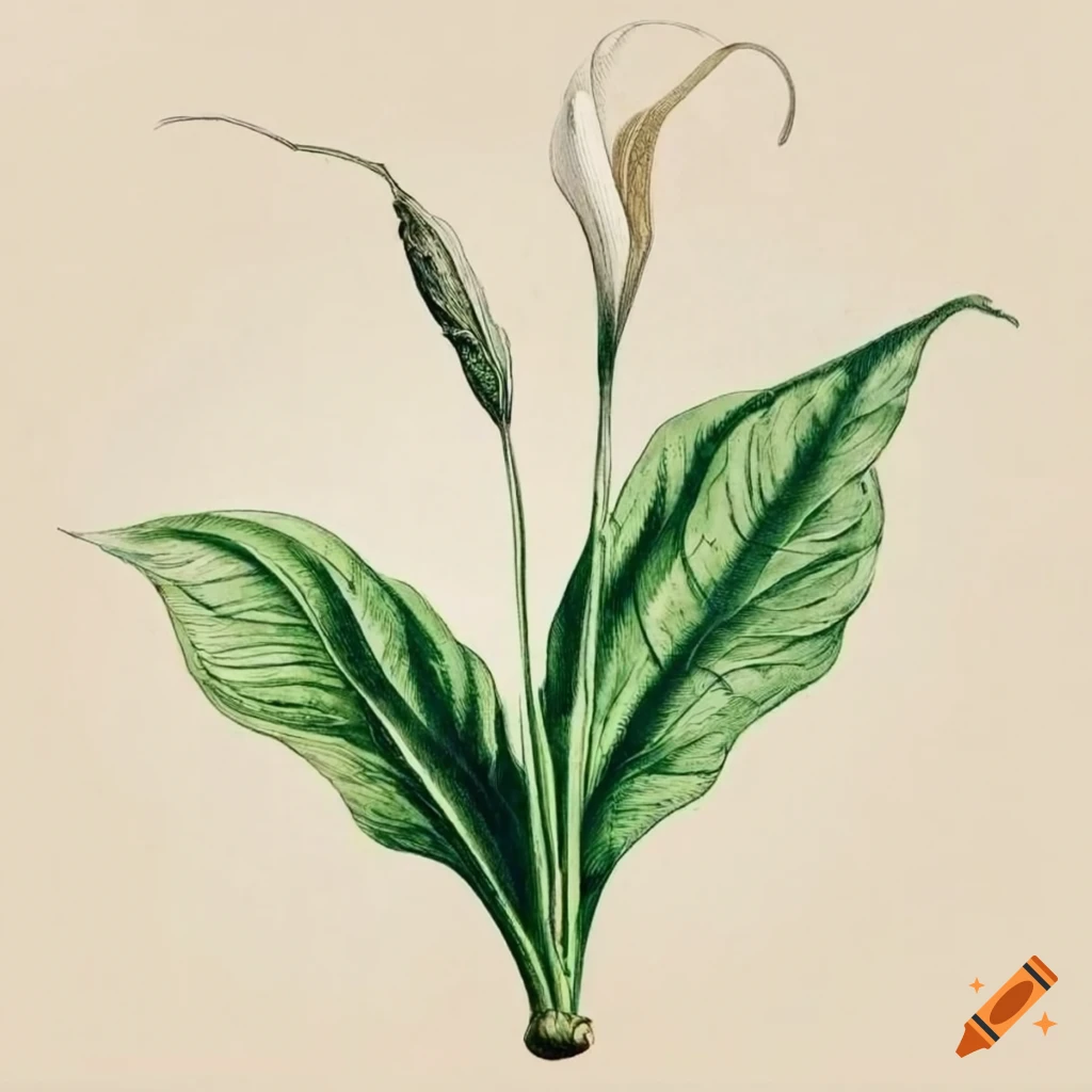 Vintage botanical illustration of Spathiphyllum wallisii plant