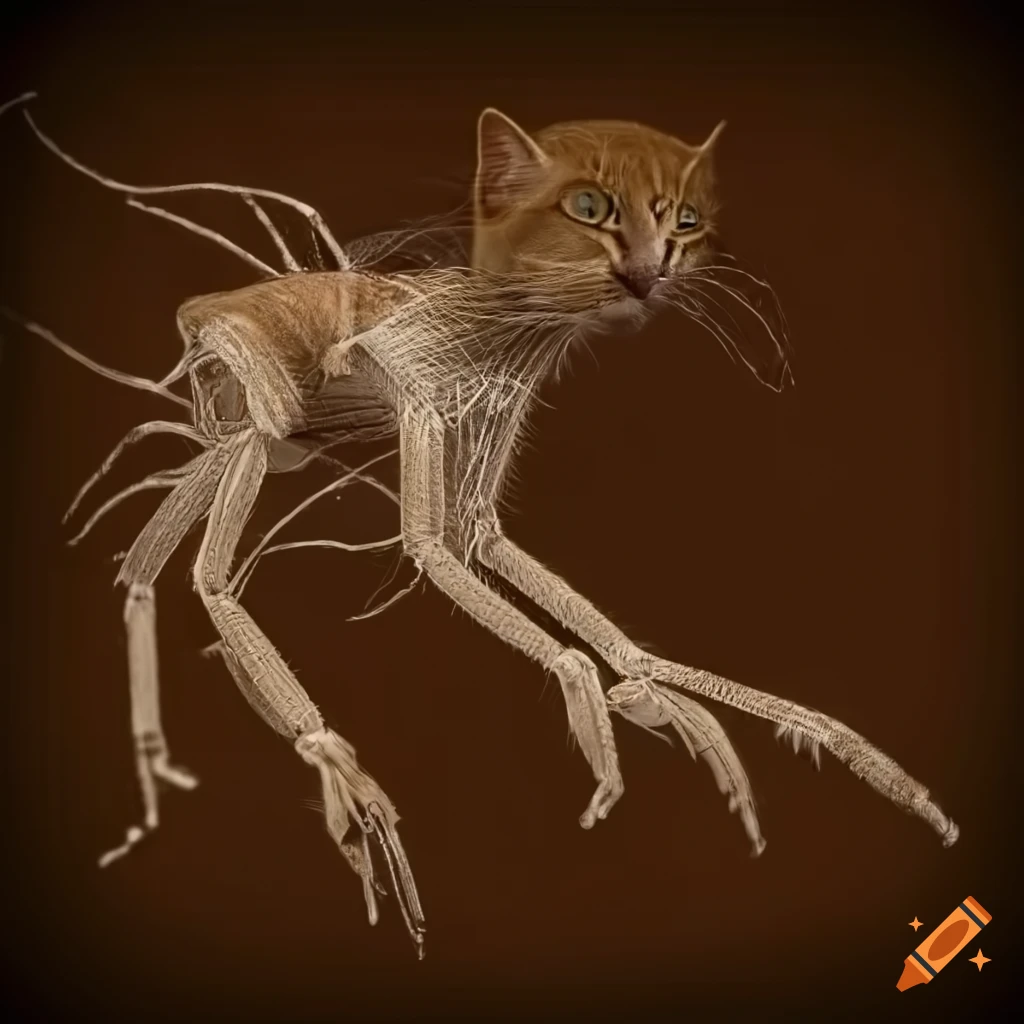 Bio-mechanical spider and cat fusion with elongated legs in sepia