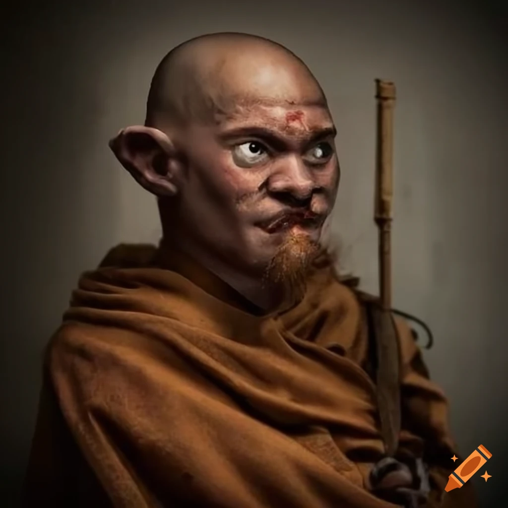Stoner halfling monk in robes with bloody fists