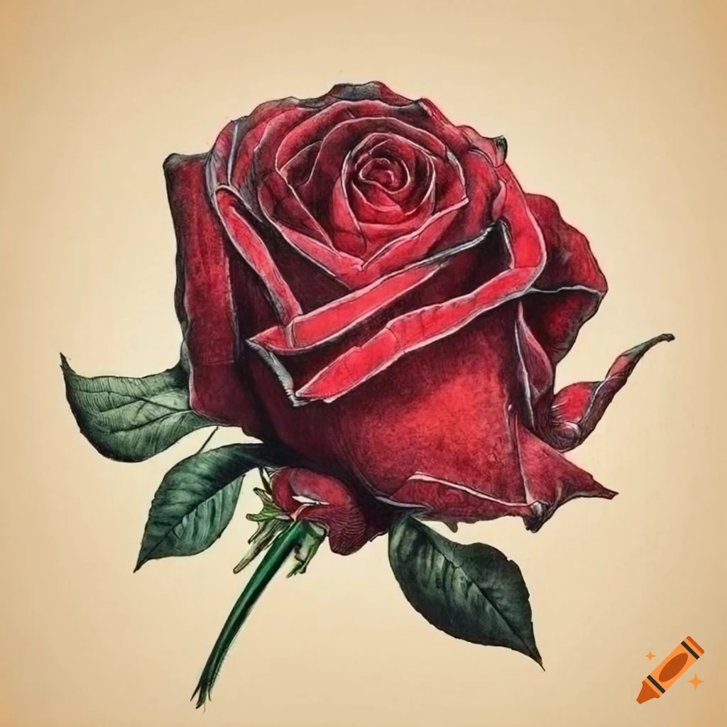 Vintage botanical illustration of a Black red Rose plant