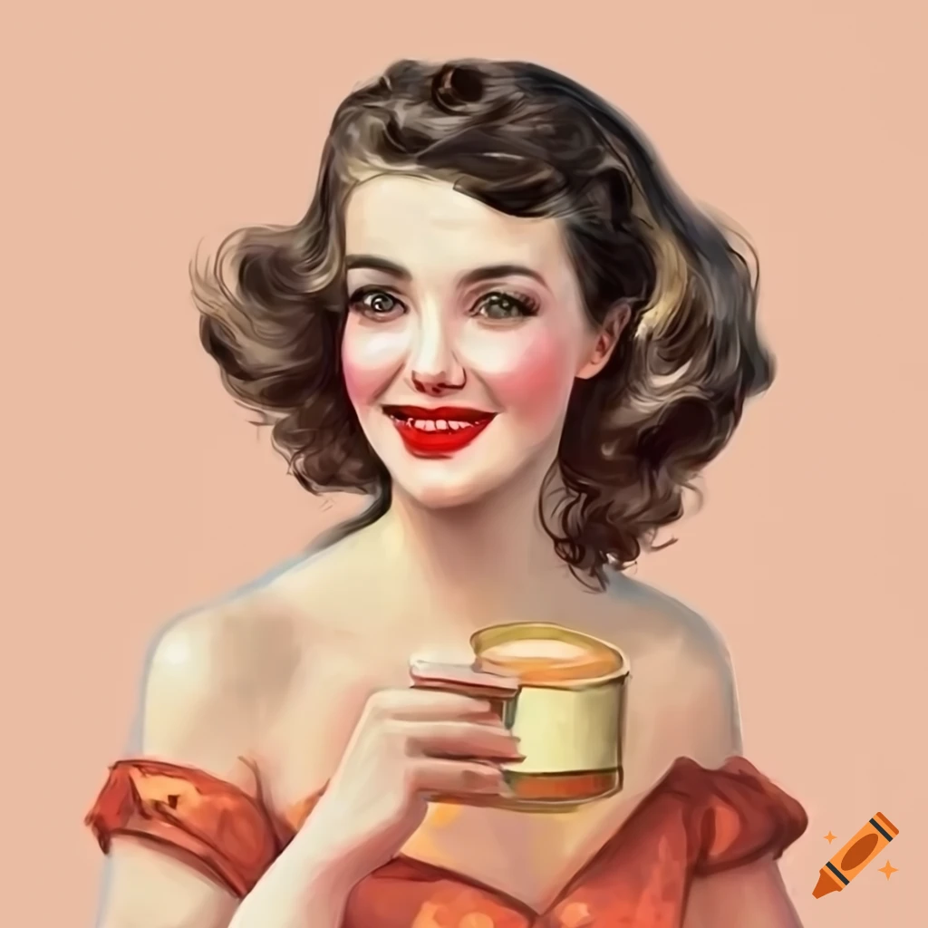 Vintage woman smiling and drinking tea in colorful design