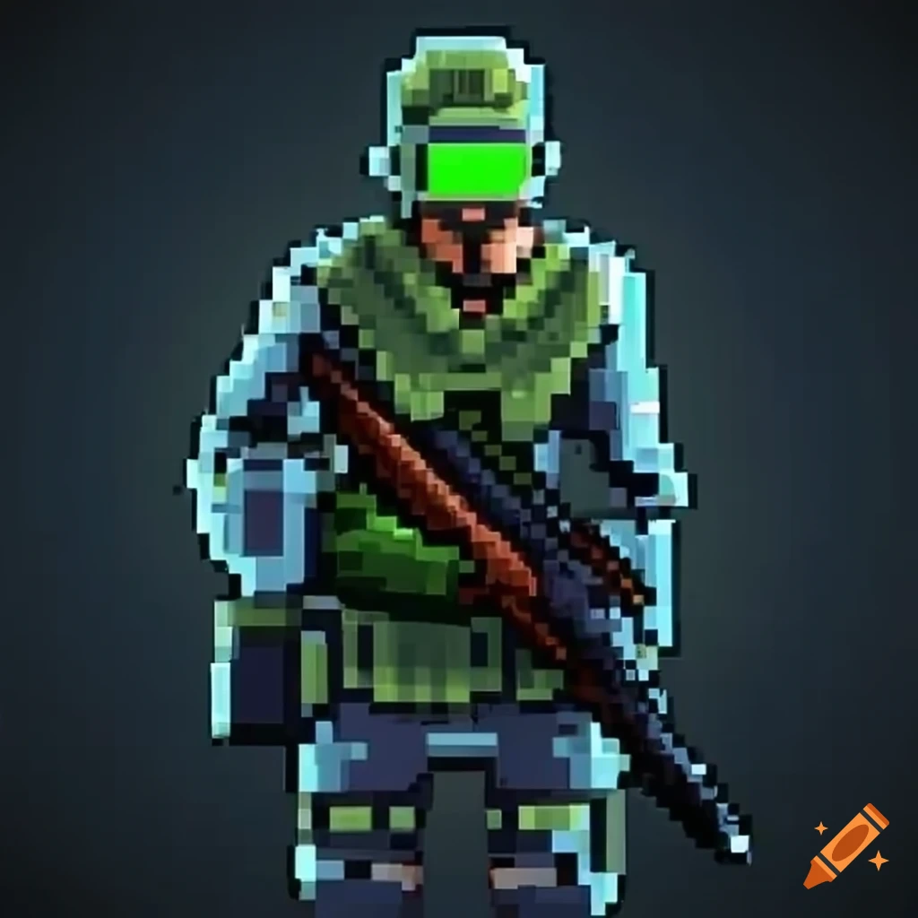 Pixel art of army man facing forward with gun down