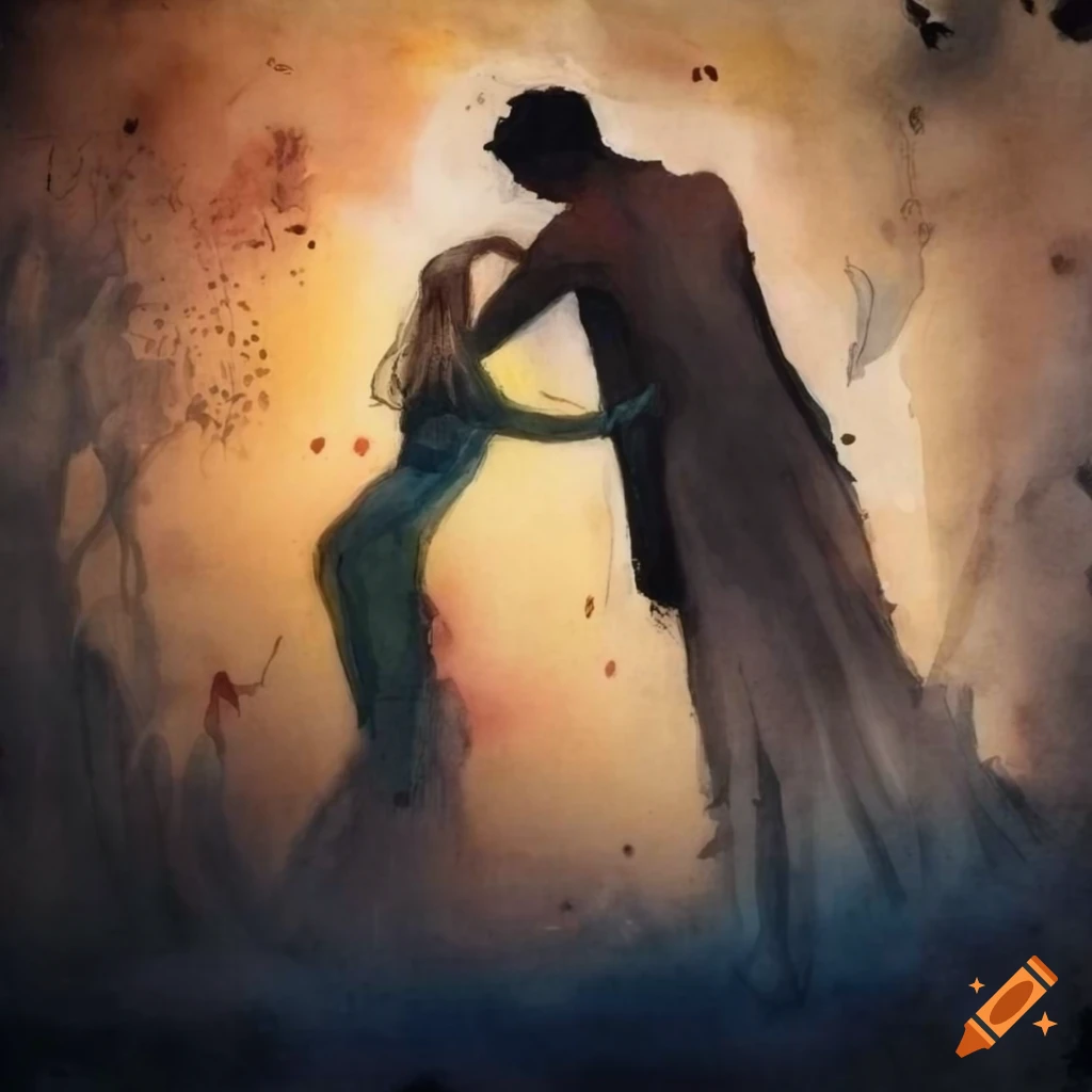 Man reaching out to ethereal woman in emotive watercolor art