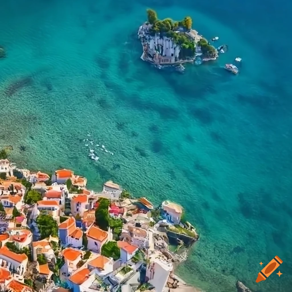 Aerial view of a village by the Mediterranean Sea