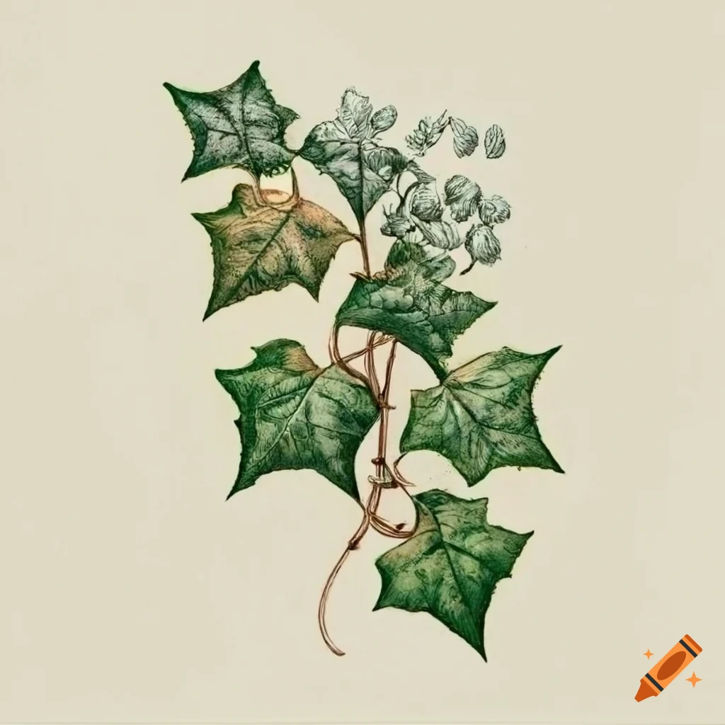 Vintage botanical drawing of kiwano fruit and flower on vine ivy plant