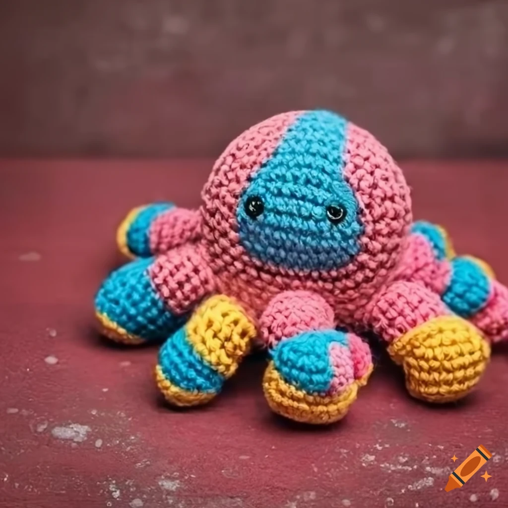 Colorful fluffy octopus crochet doll on red concrete background
