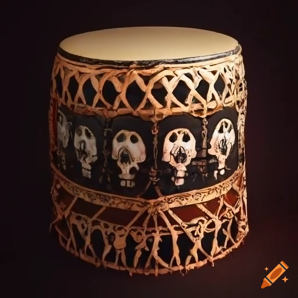 Intricately designed tribal drum with skull motifs inspired by Japanese art
