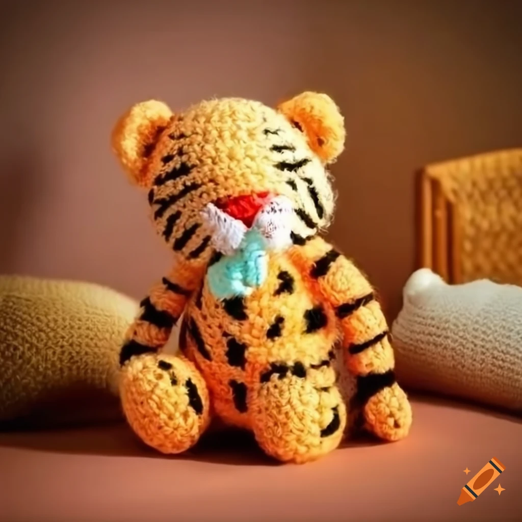 Cute puffy tiger crochet doll biting a vintage pillow