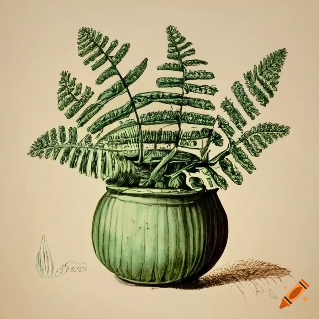 Vintage botanical illustration of Nephrolepsis exalta 'bostoniensis' plant in pot