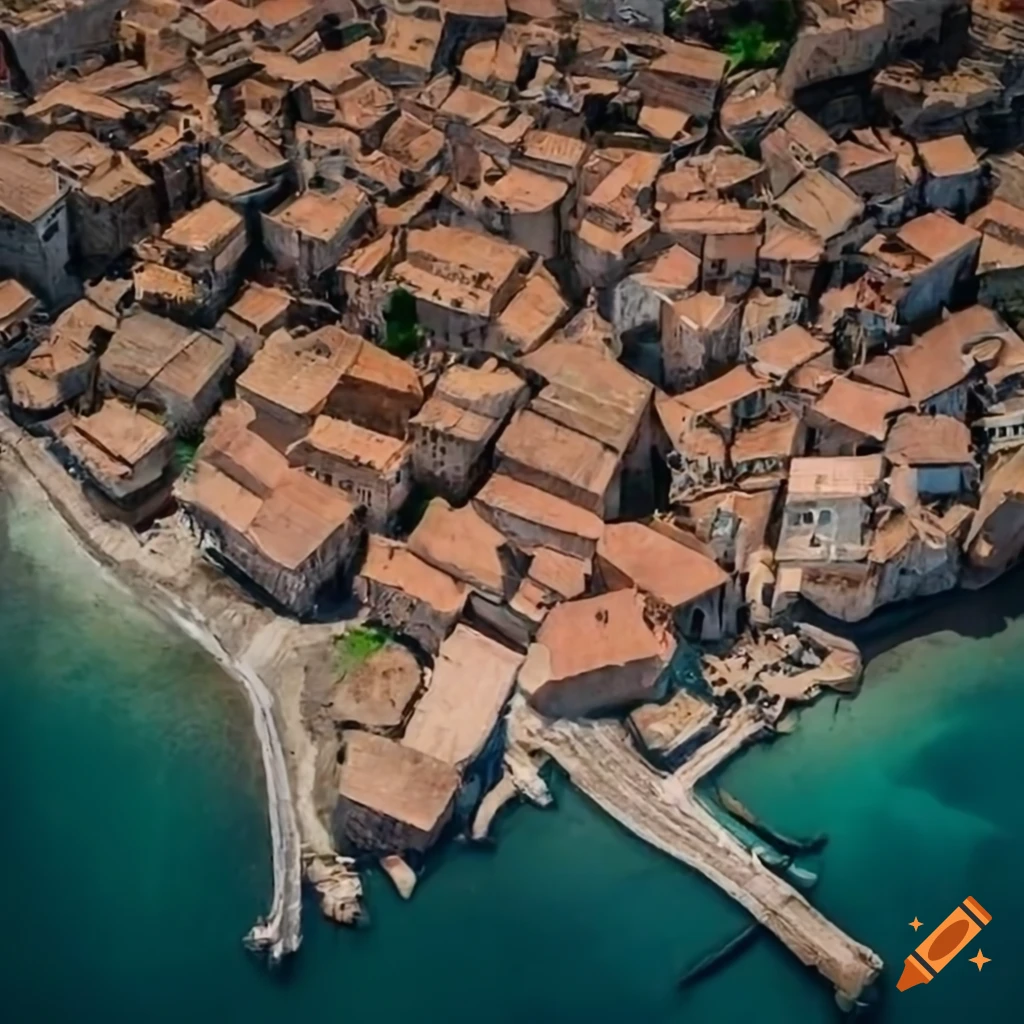 Top view of a medieval Mediterranean fishers' village
