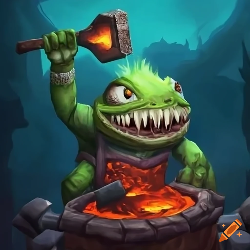 World of Warcraft Murloc in blacksmith apron at molten forge with hammer