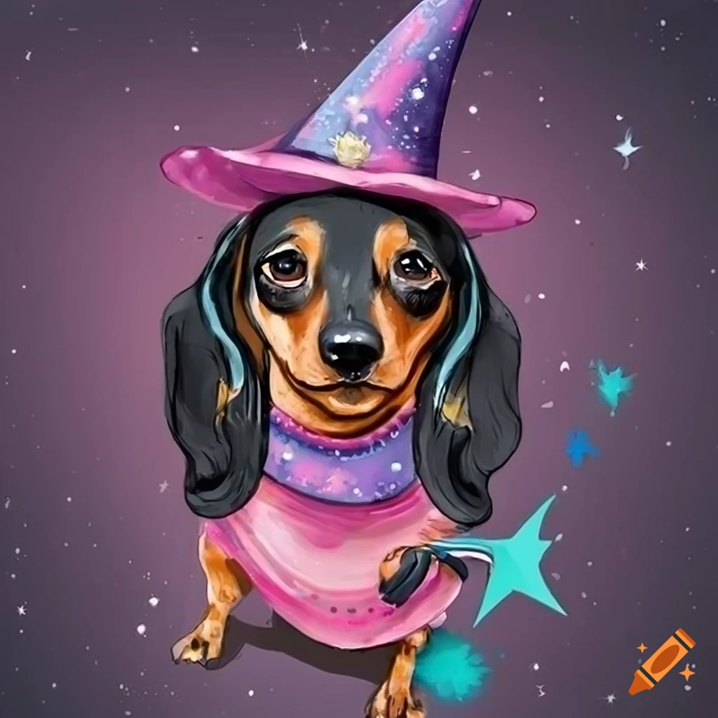 Whimsical dachshund wizard with pink magical top hat illustration