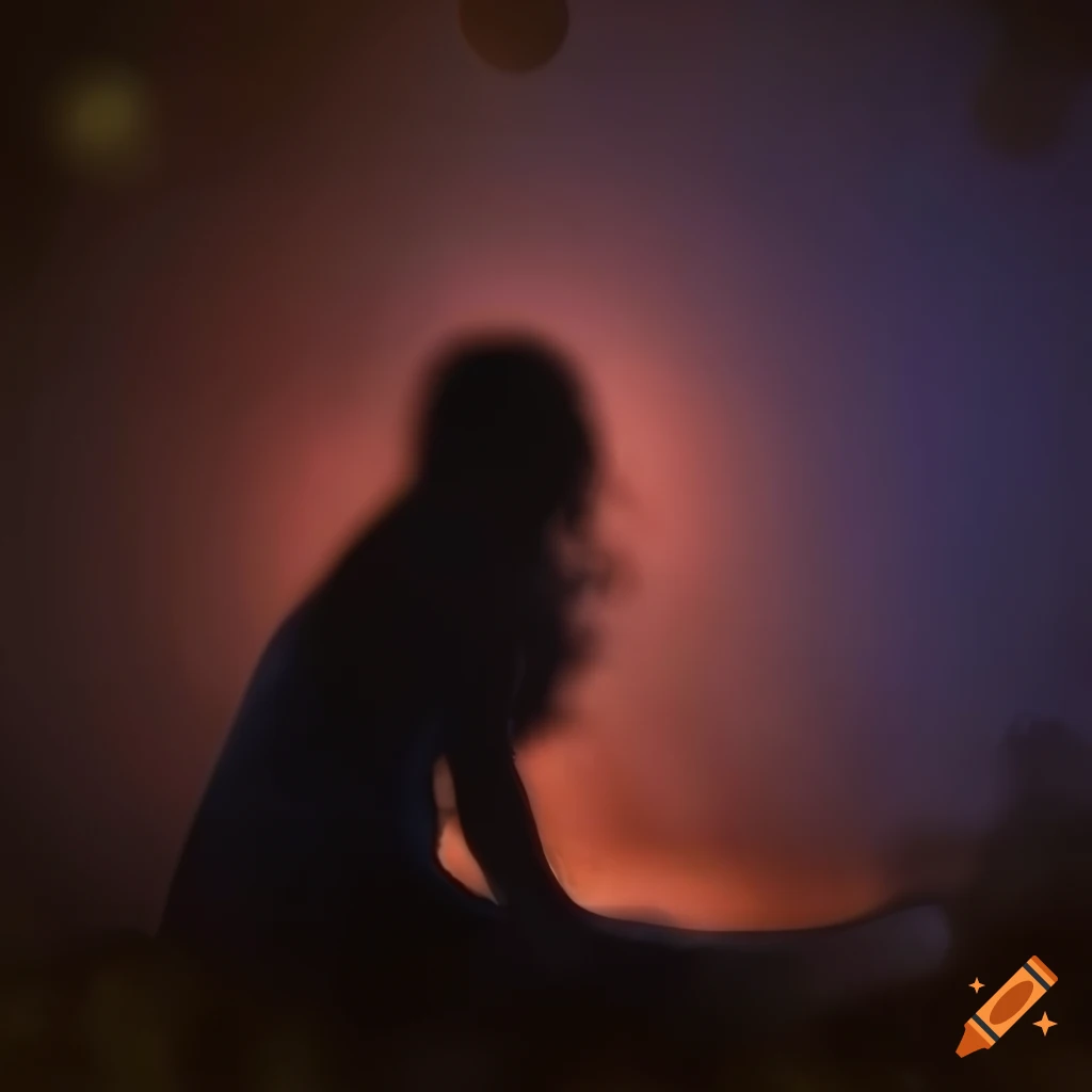 Silhouette of a maiden in ruins with dreamy bokeh effect