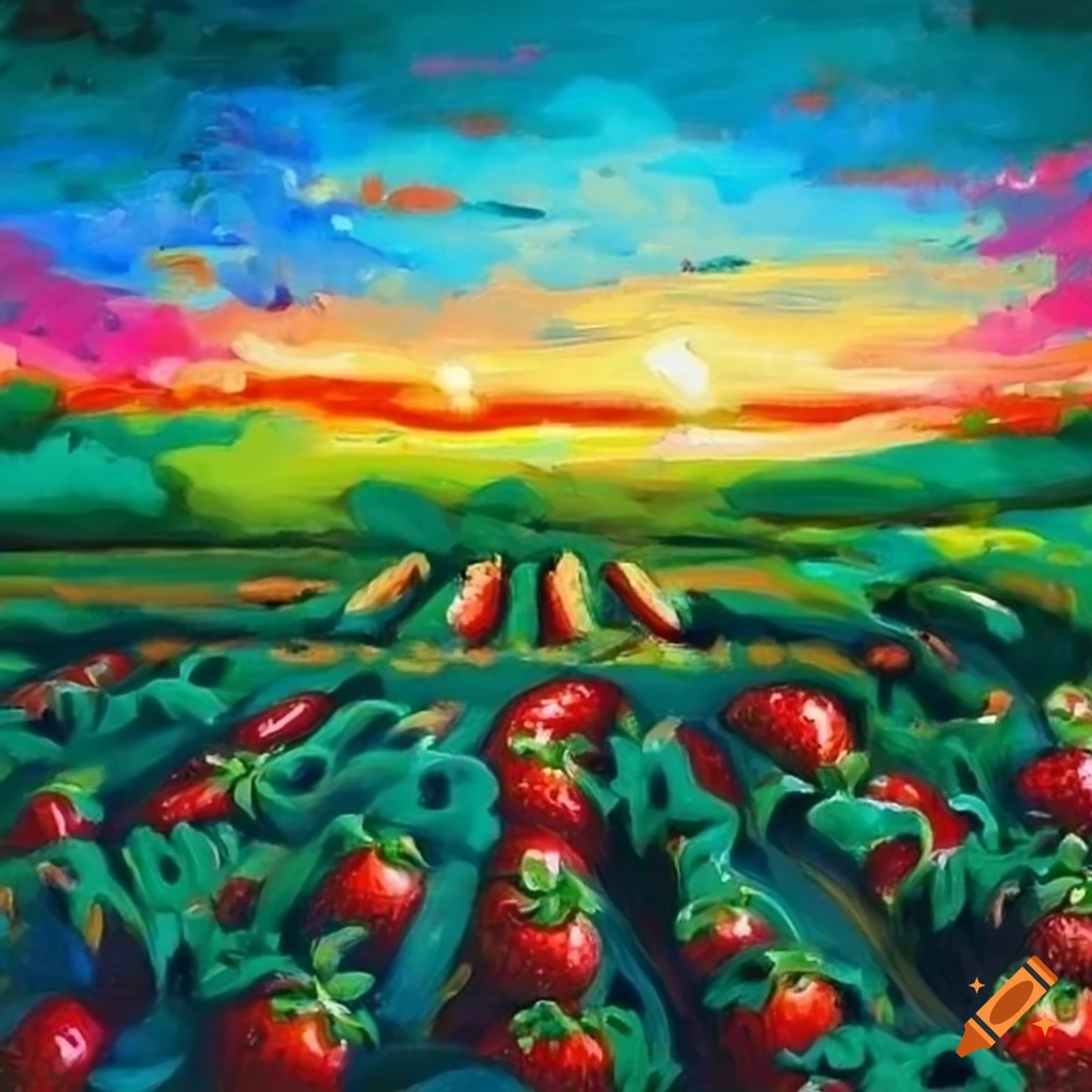 Vibrant fields of juicy strawberries in a Rembrandt-inspired painting