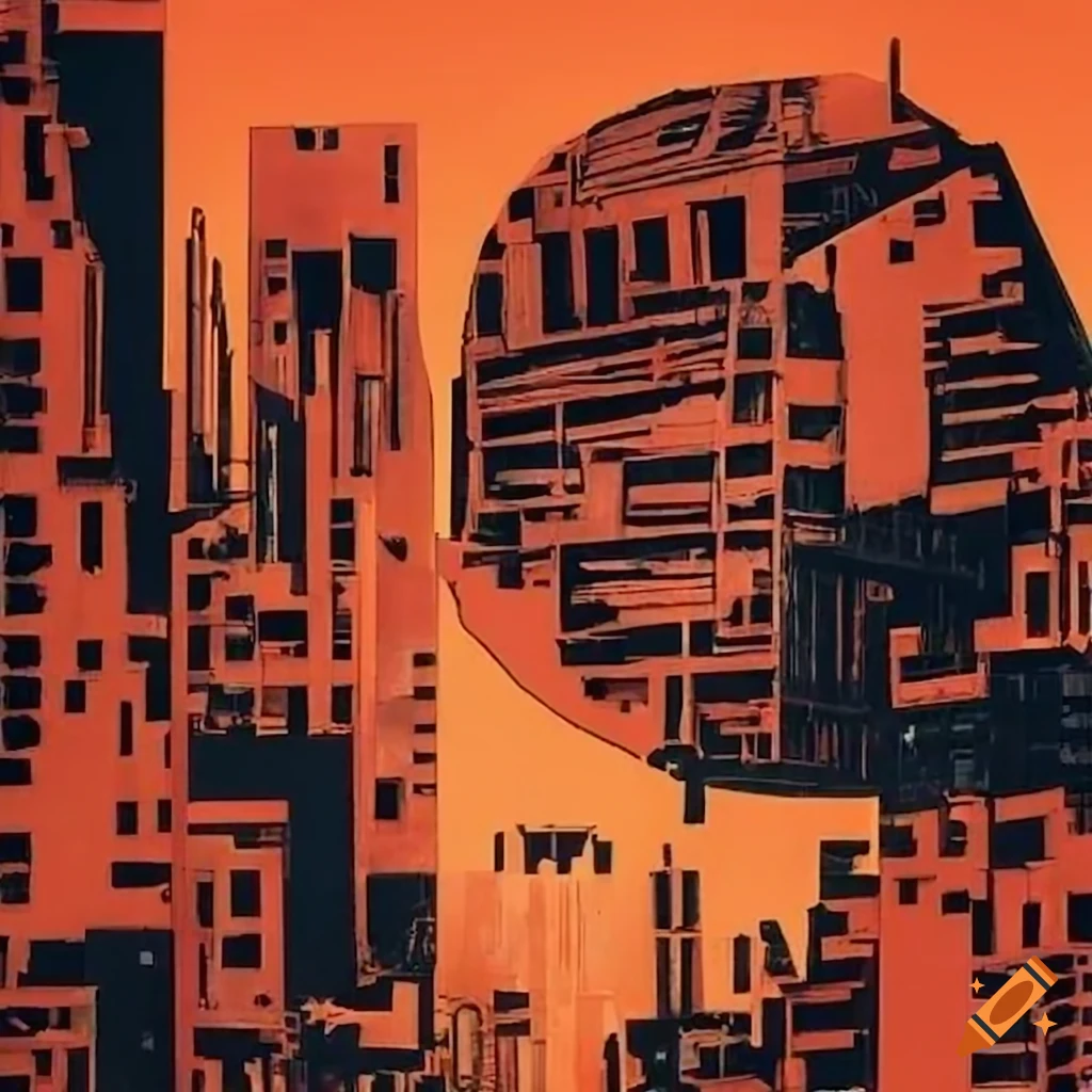Deconstructivist architecture blended with Ukioy-e woodcuts illustrating ecological collapse
