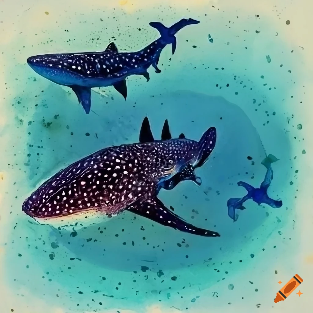 Colorful watercolor of swimming whale sharks in a mating dance