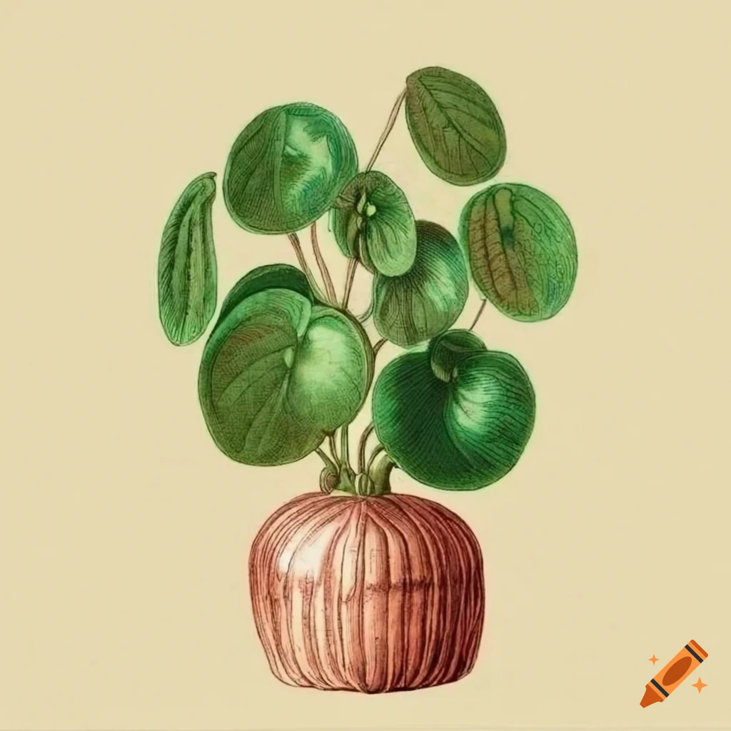 Vintage botanical illustration of Pilea peperomioides plant