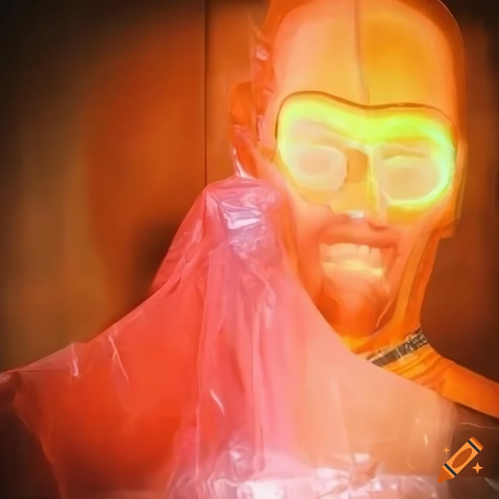 Gordon Freeman inside a colorful translucent plastic bag in a studio photo with vivid colors