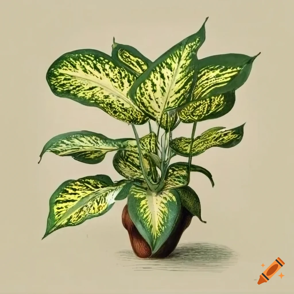 Detailed vintage botanical illustration of Dieffenbachia plant in 18th century style